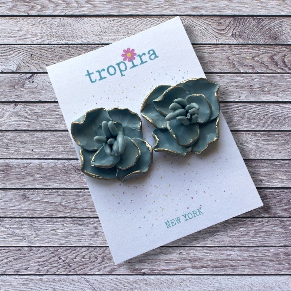 Grayish Blue Floral Statement Stud Earrings with Gold Trim